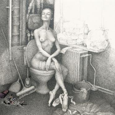 Balerína na záchodě, 35 x 45 cm, kresbo-koláž